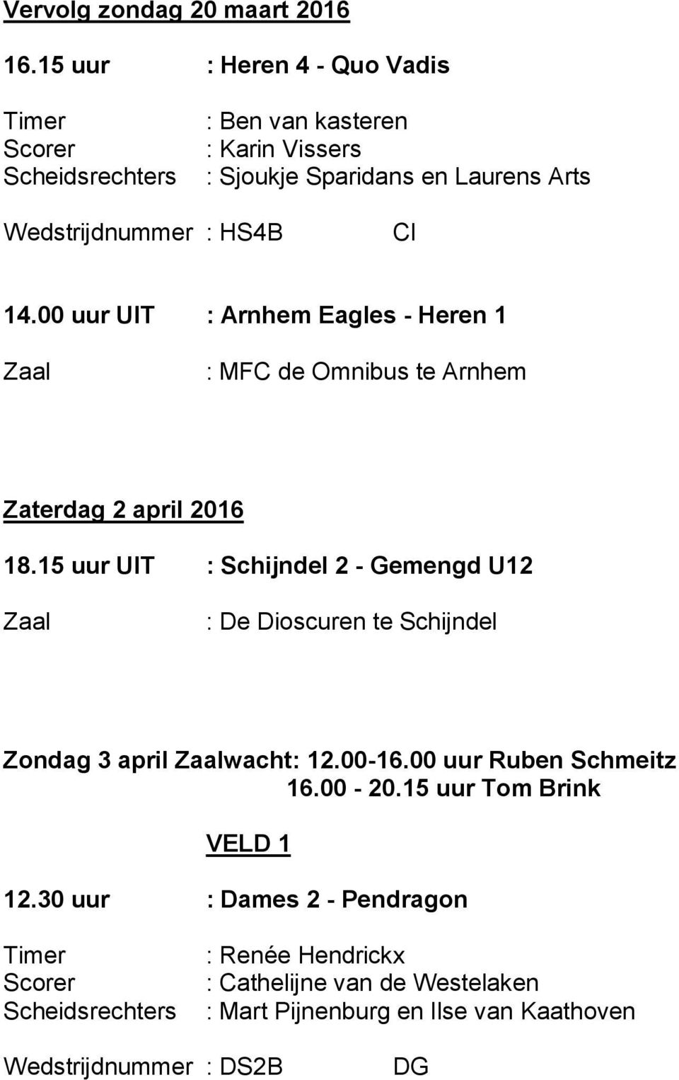 00 uur UIT : Arnhem Eagles - Heren 1 : MFC de Omnibus te Arnhem Zaterdag 2 april 2016 18.