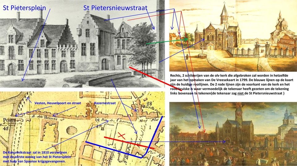 De 2 rode lijnen zijn de voorkant van de kerk en het rood kruiske is waar vermoedelijk de tekenaar heeft gezeten om de tekening links bovenaan te