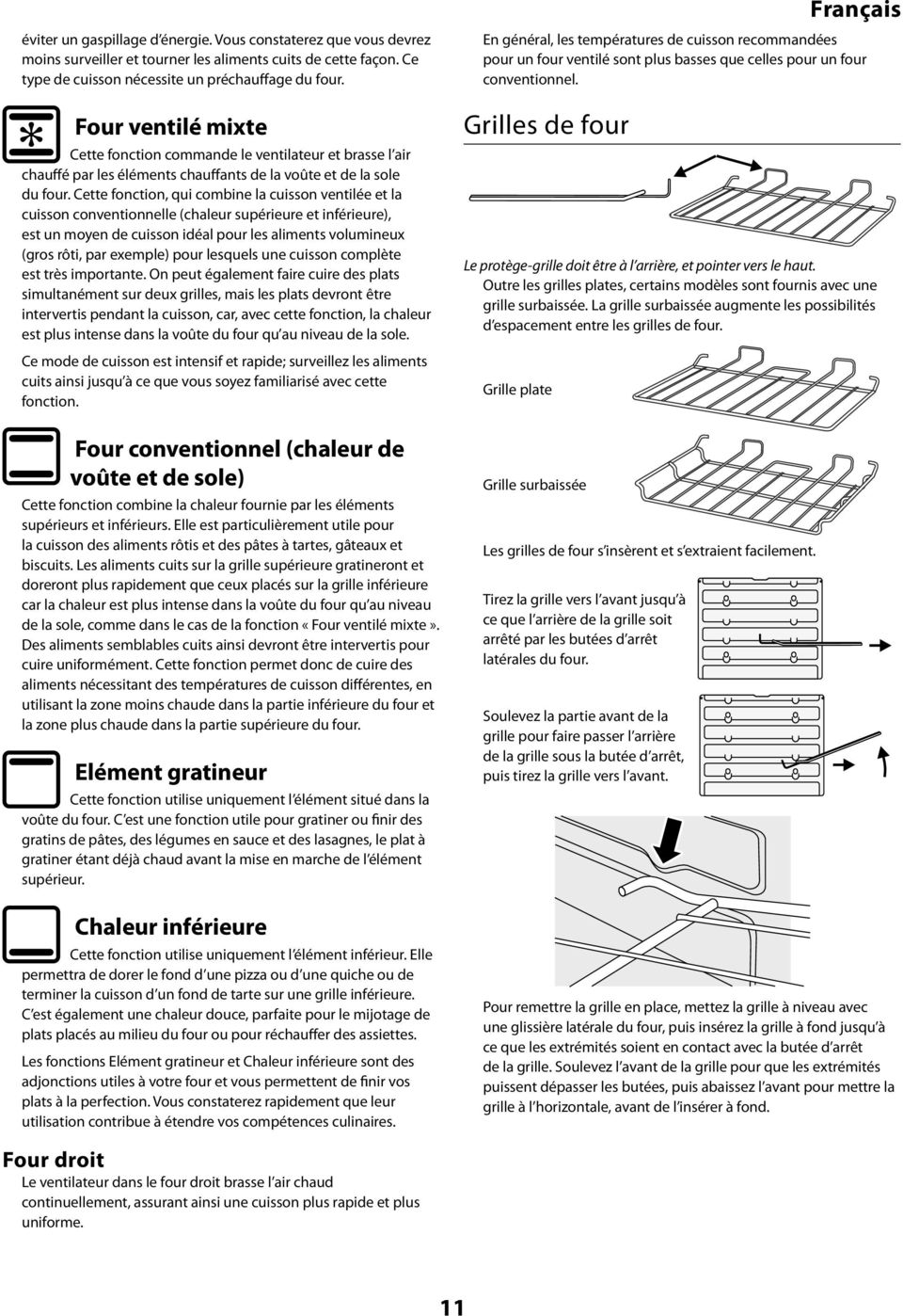 Cette fonction, qui comine la cuisson ventilée et la cuisson conventionnelle (chaleur supérieure et inférieure), est un moyen de cuisson idéal pour les aliments volumineux (gros rôti, par exemple)