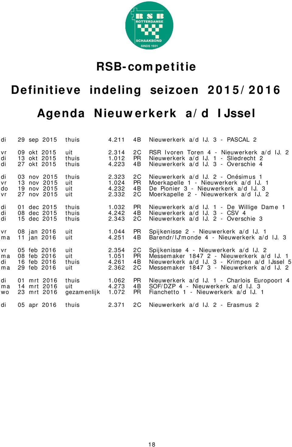 024 PR Moerkapelle 1 - Nieuwerkerk a/d IJ. 1 do 19 nov 2015 uit 4.232 4B De Pionier 3 - Nieuwerkerk a/d IJ. 3 vr 27 nov 2015 uit 2.332 2C Moerkapelle 2 - Nieuwerkerk a/d IJ. 2 di 01 dec 2015 thuis 1.