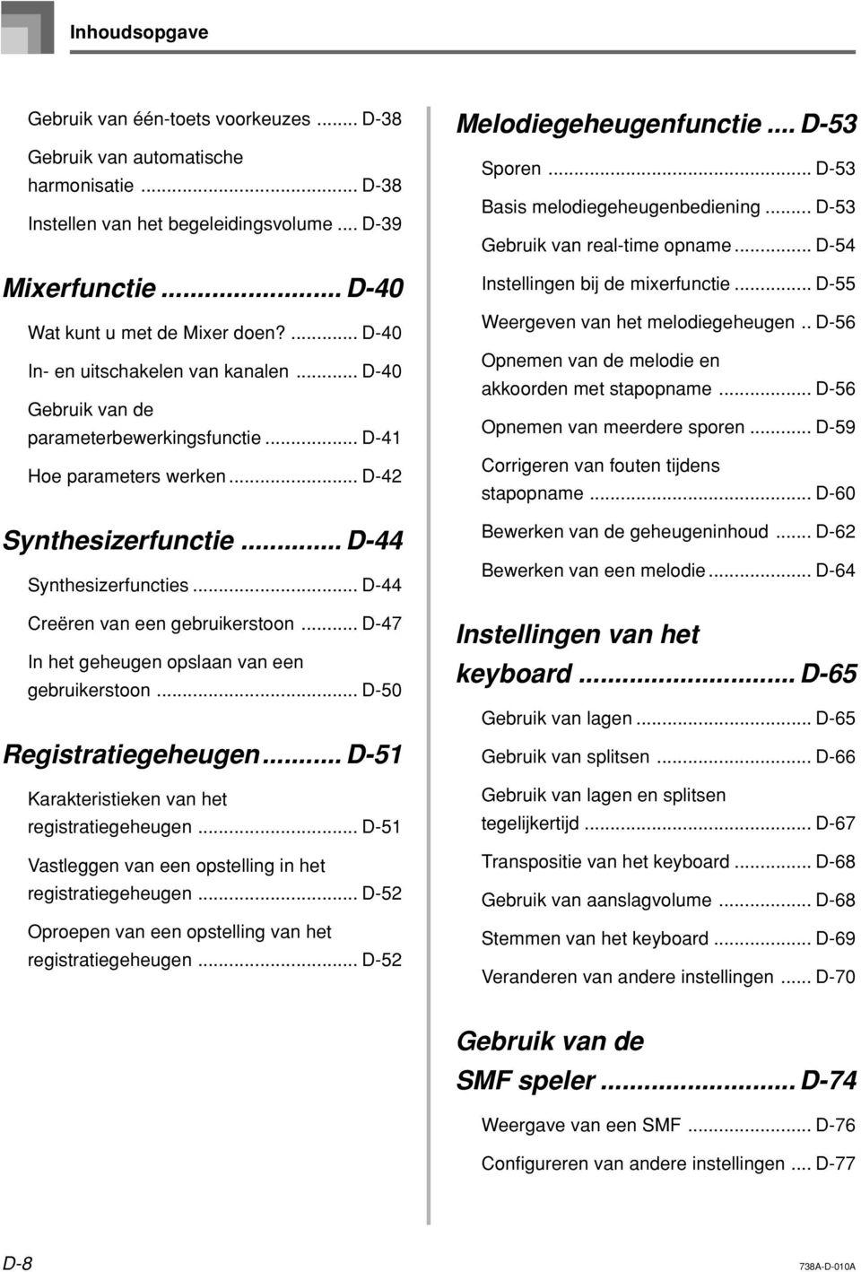 .. D44 Creëren van een gebruikerstoon... D47 In het geheugen opslaan van een gebruikerstoon... D50 Registratiegeheugen... D51 Karakteristieken van het registratiegeheugen.