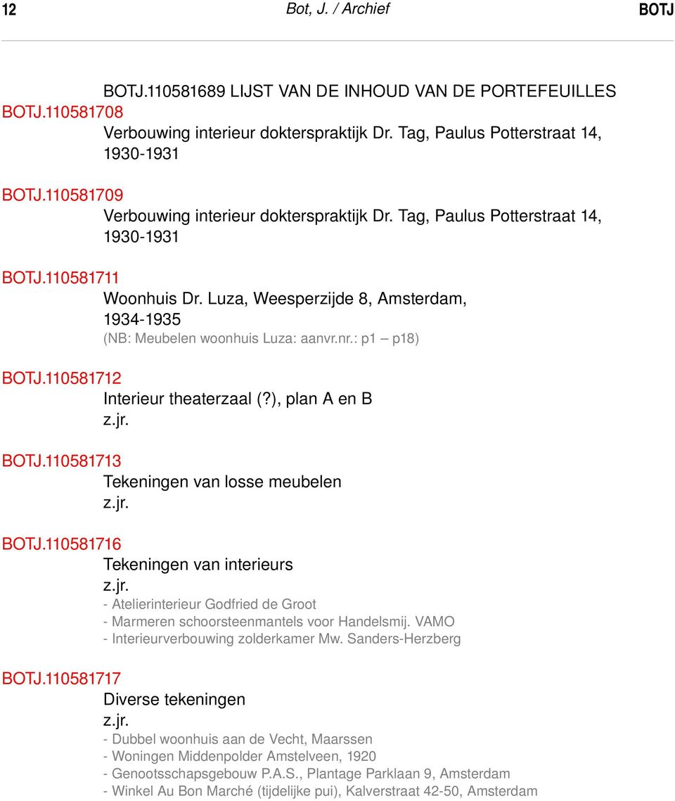 Luza, Weesperzijde 8, Amsterdam, 1934 1935 (NB: Meubelen woonhuis Luza: aanvr.nr.: p1 p18) BOTJ.110581712 Interieur theaterzaal (?), plan A en B BOTJ.110581713 Tekeningen van losse meubelen BOTJ.