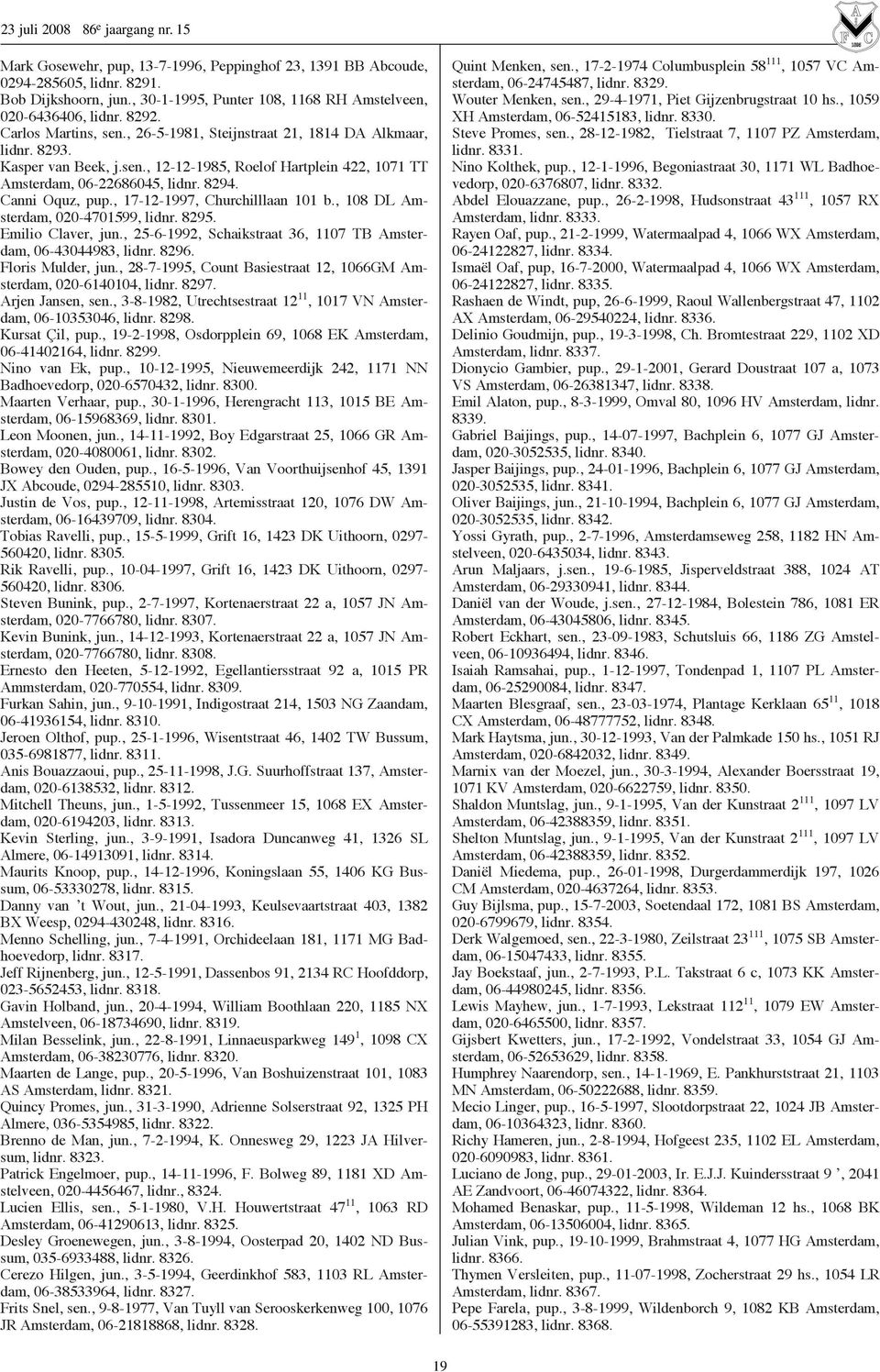 , 17-12-1997, Churchilllaan 101 b., 108 DL Amsterdam, 020-4701599, lidnr. 8295. Emilio Claver, jun., 25-6-1992, Schaikstraat 36, 1107 TB Amsterdam, 06-43044983, lidnr. 8296. Floris Mulder, jun.