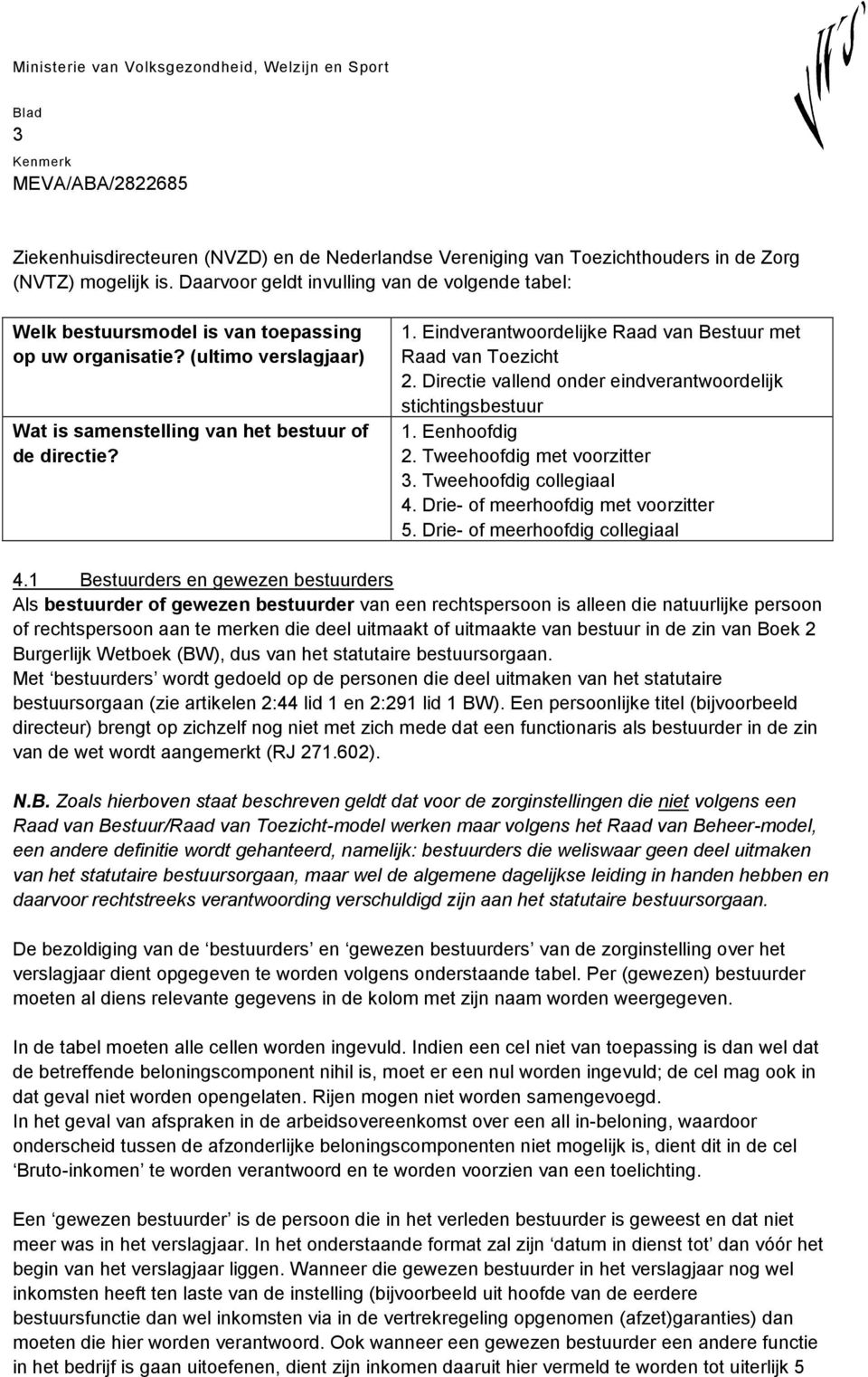 Eindverantwoordelijke Raad van Bestuur met Raad van Toezicht 2. Directie vallend onder eindverantwoordelijk stichtingsbestuur 1. Eenhoofdig 2. Tweehoofdig met voorzitter 3. Tweehoofdig collegiaal 4.