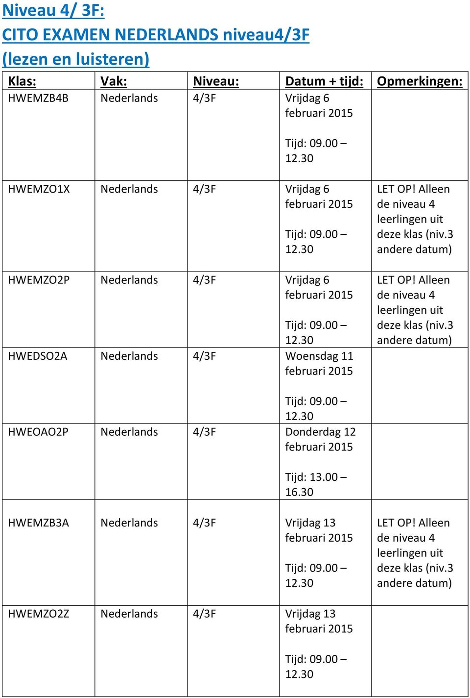 HWEMZO2P Nederlands 4/3F Vrijdag 6 HWEDSO2A Nederlands 4/3F Woensdag 11 HWEOAO2P Nederlands