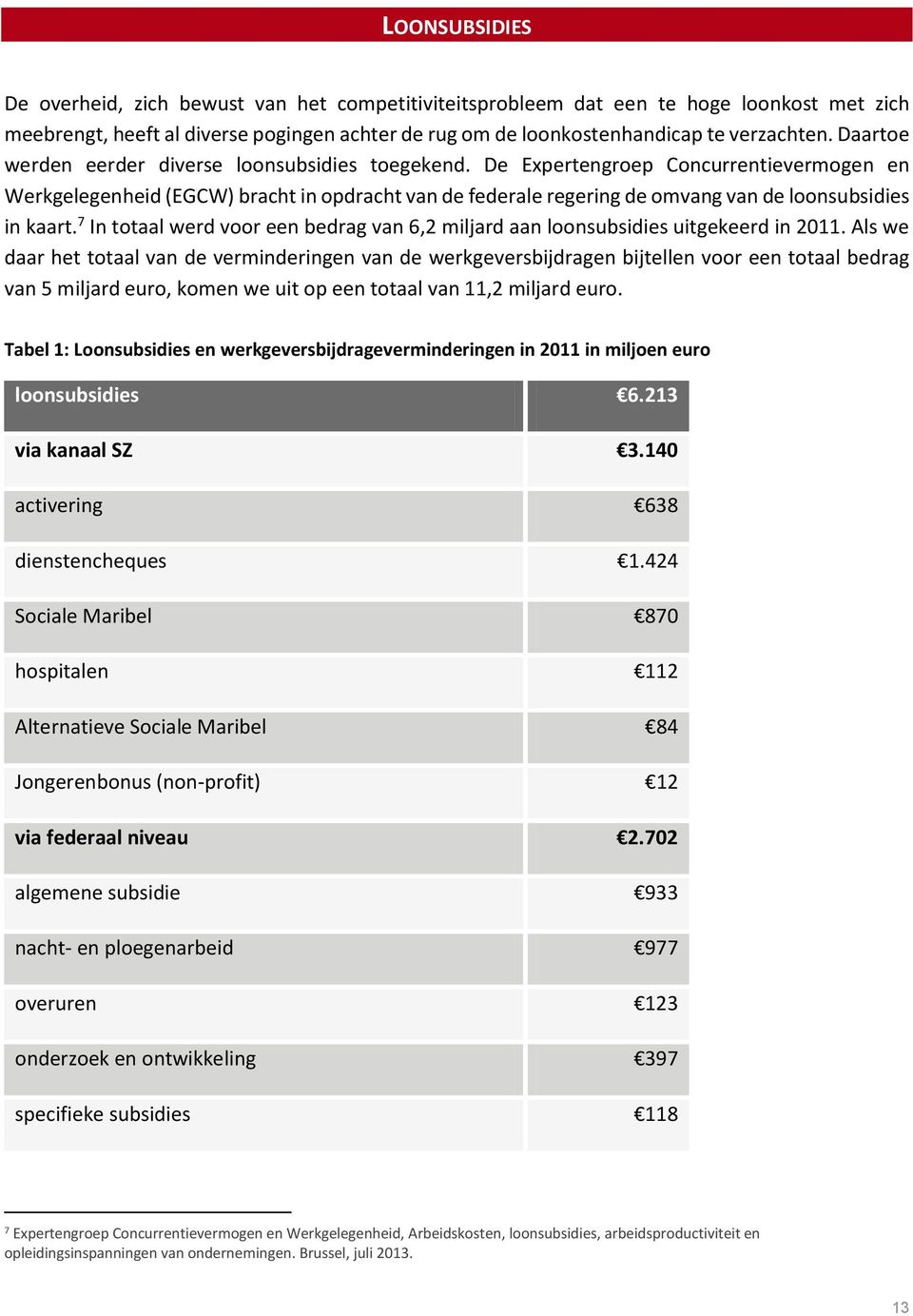 De Expertengroep Concurrentievermogen en Werkgelegenheid (EGCW) bracht in opdracht van de federale regering de omvang van de loonsubsidies in kaart.