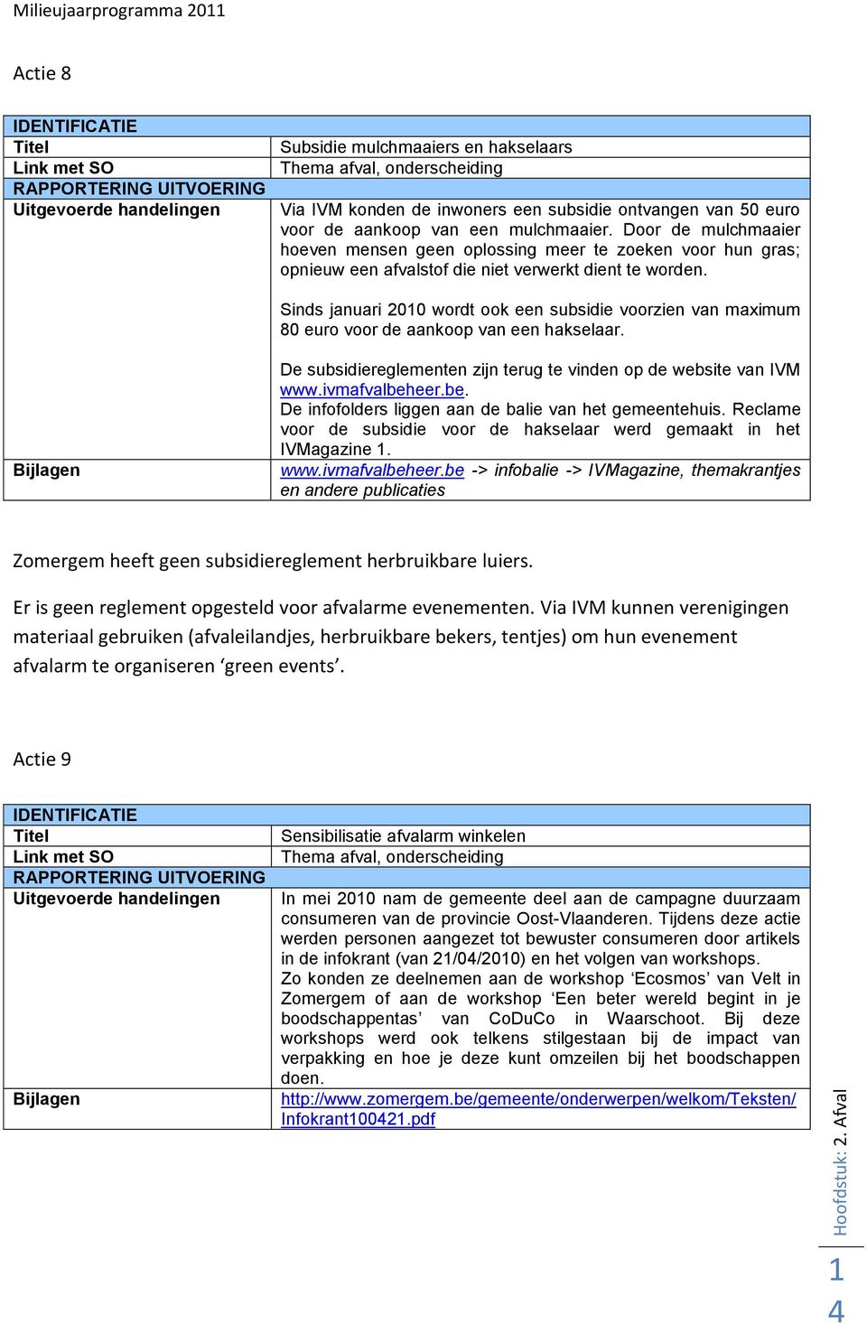 Sinds januari 2010 wordt ook een subsidie voorzien van maximum 80 euro voor de aankoop van een hakselaar. De subsidiereglementen zijn terug te vinden op de website van IVM www.ivmafvalbeh