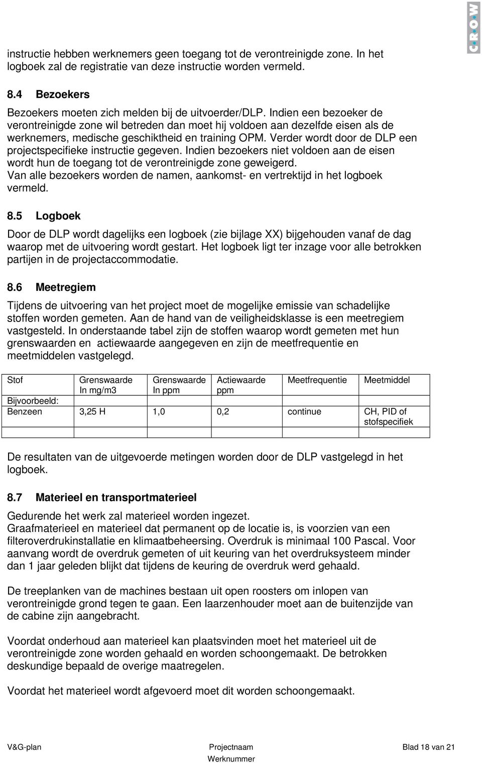 Indien een bezoeker de verontreinigde zone wil betreden dan moet hij voldoen aan dezelfde eisen als de werknemers, medische geschiktheid en training OPM.