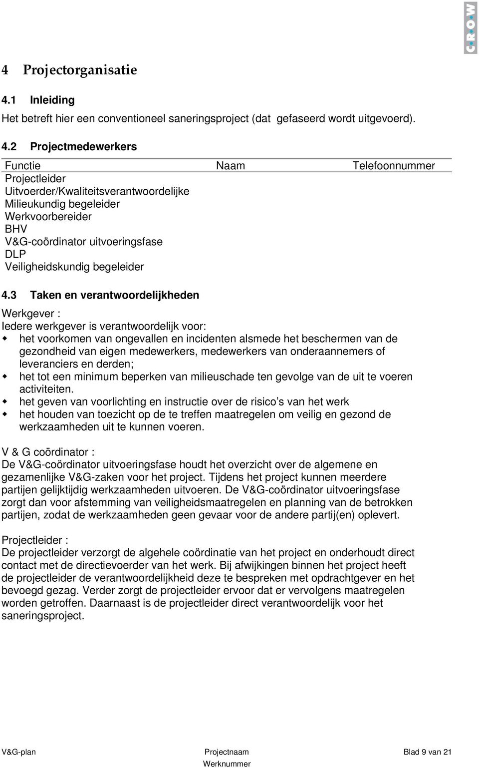 2 Projectmedewerkers Functie nummer Projectleider Uitvoerder/Kwaliteitsverantwoordelijke Milieukundig begeleider Werkvoorbereider BHV V&G-coördinator uitvoeringsfase DLP Veiligheidskundig begeleider