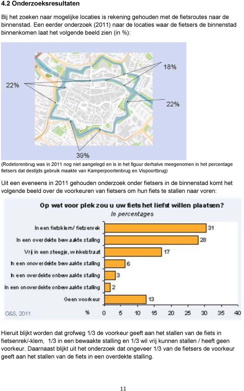 meegenomen in het percentage fietsers dat destijds gebruik maakte van Kamperpoortenbrug en Vispoortbrug) Uit een eveneens in 2011 gehouden onderzoek onder fietsers in de binnenstad komt het volgende