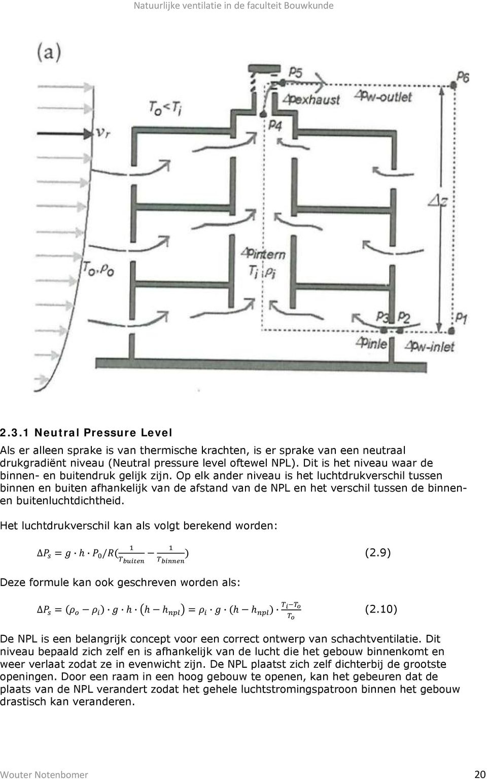 Op elk ander niveau is het luchtdrukverschil tussen binnen en buiten afhankelijk van de afstand van de NPL en het verschil tussen de binnenen buitenluchtdichtheid.