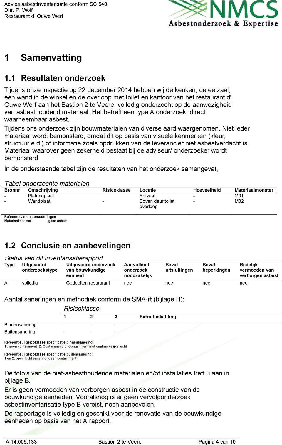 Bastion 2 te Veere, volledig onderzocht op de aanwezigheid van asbesthoudend materiaal. Het betreft een type A onderzoek, direct waarneembaar asbest.