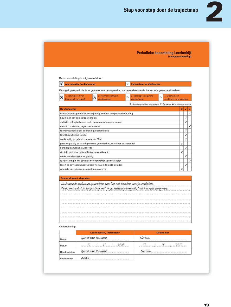 Mechanisch verdichten van voegen O : Ontwikkelpunt / Had beter gekund V : Op niveau G : Is echt goed geweest De deelnemer O V G toont actief en gemotiveerd leergedrag en heeft een positieve houding