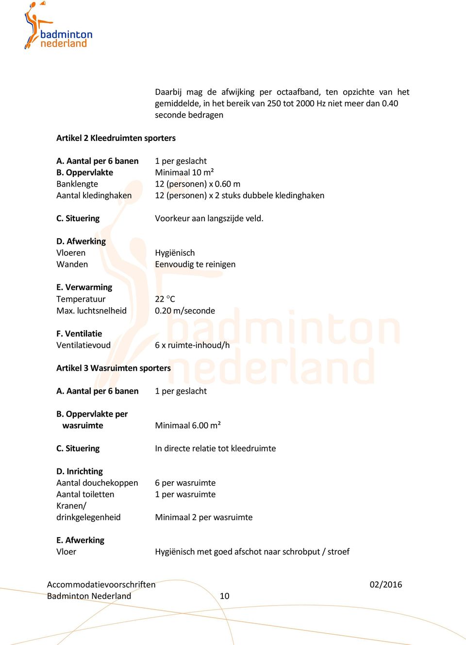 Situering Voorkeur aan langszijde veld. D. Afwerking Vloeren Wanden E. Verwarming Temperatuur Max. luchtsnelheid F. Ventilatie Ventilatievoud Hygiënisch Eenvoudig te reinigen 22 C 0.