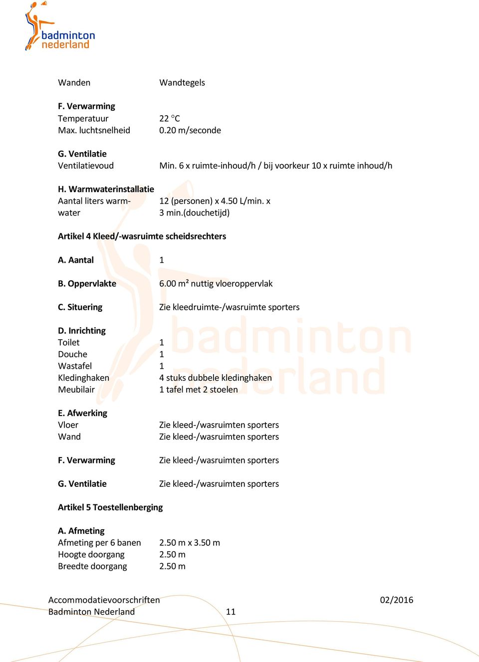 00 m² nuttig vloeroppervlak C. Situering Zie kleedruimte-/wasruimte sporters D. Inrichting Toilet 1 Douche 1 Wastafel 1 Kledinghaken 4 stuks dubbele kledinghaken Meubilair 1 tafel met 2 stoelen E.