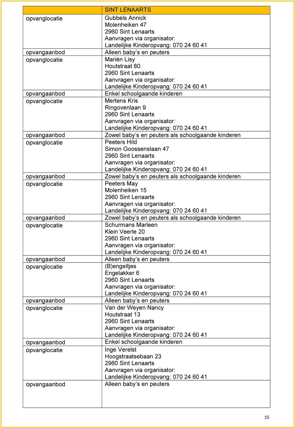 Molenheiken 15 2960 Sint Lenaarts Zowel baby s en peuters als schoolgaande kinderen Schurmans Marleen Klein Veerle 20 2960 Sint Lenaarts Alleen baby s en peuters (B)engeltjes Engelakker 6