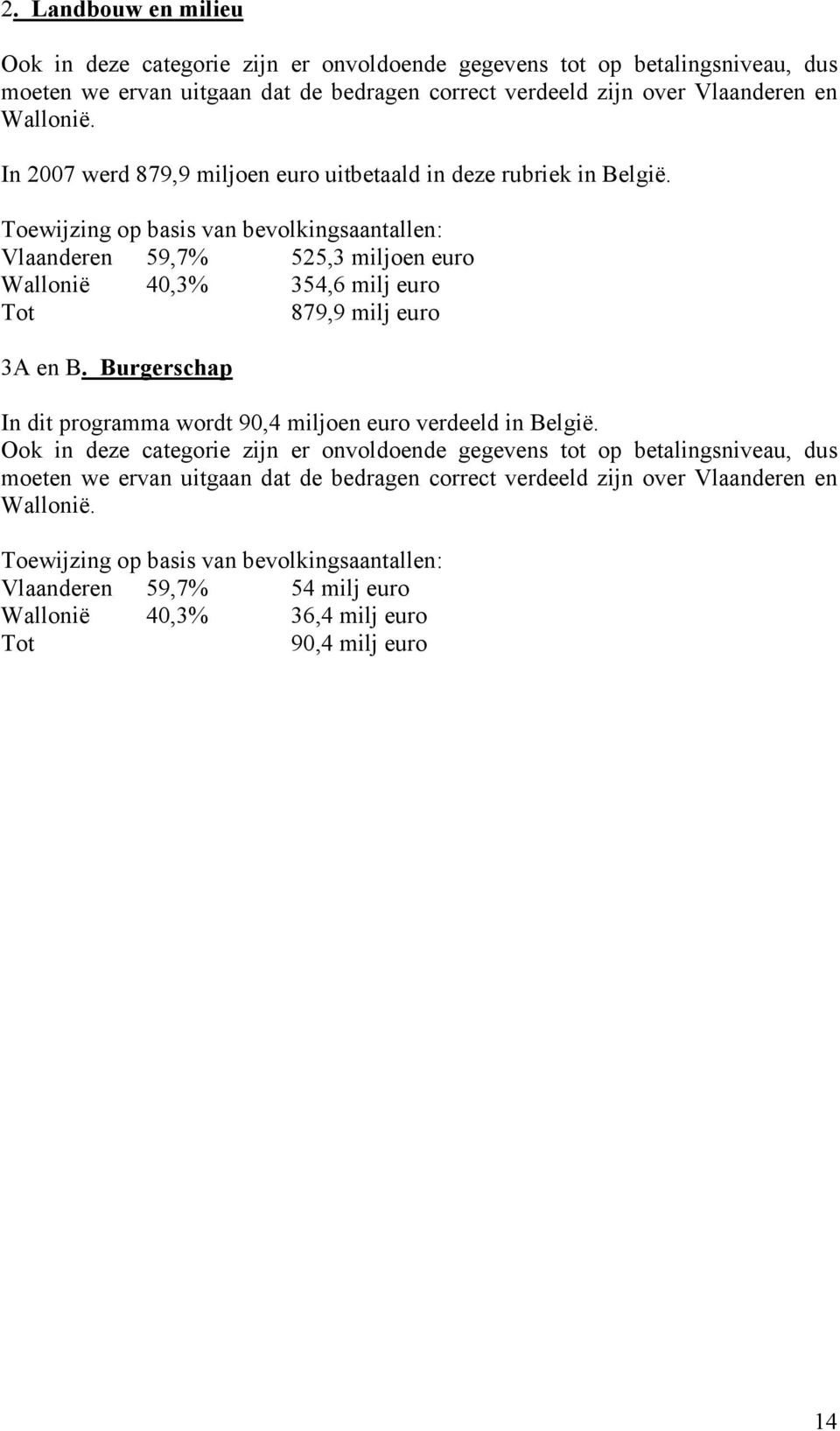 Toewijzing op basis van bevolkingsaantallen: Vlaanderen 59,7% 525,3 miljoen euro Wallonië 40,3% 354,6 milj euro Tot 879,9 milj euro 3A en B.