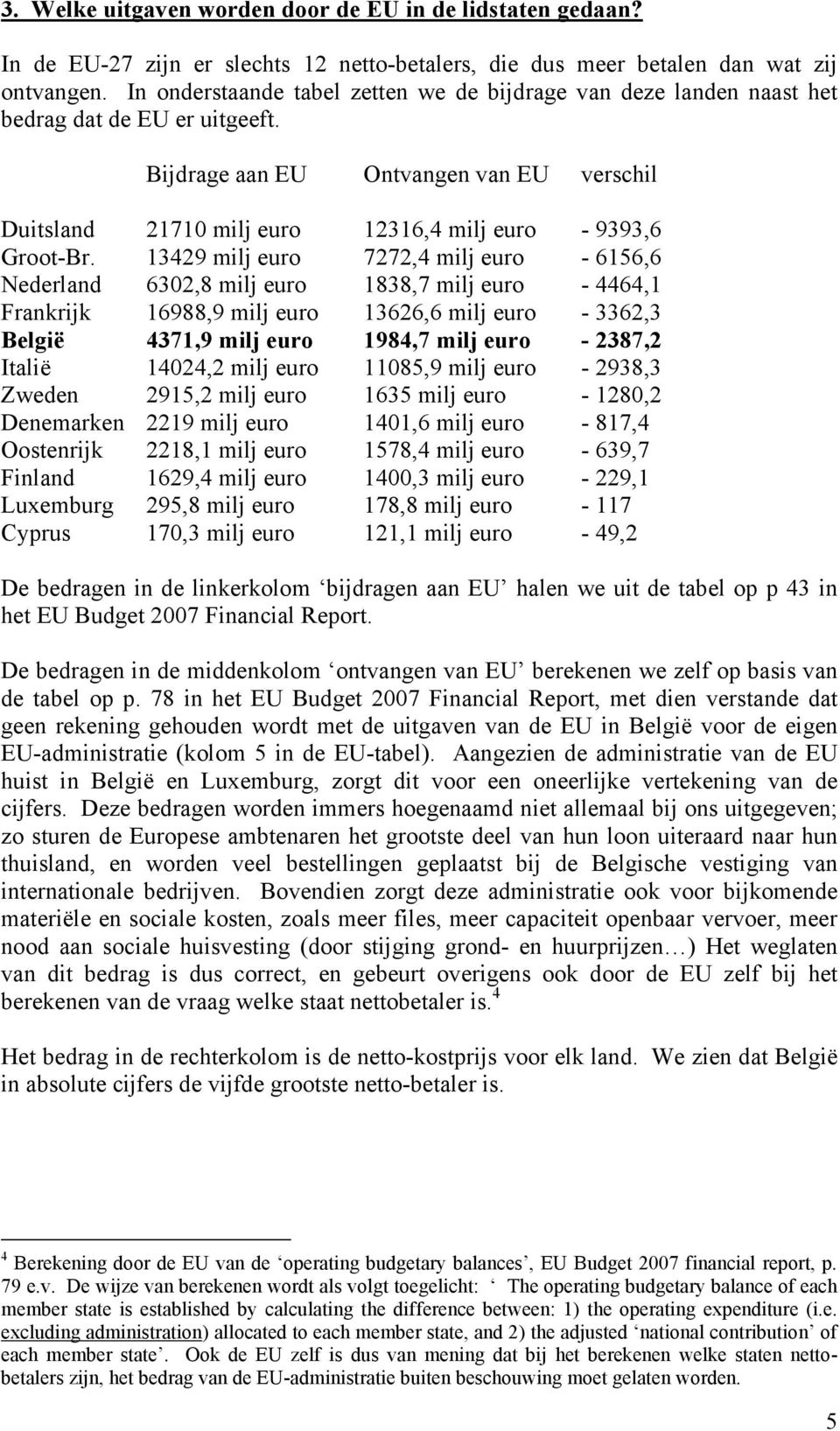 Bijdrage aan EU Ontvangen van EU verschil Duitsland 21710 milj euro 12316,4 milj euro - 9393,6 Groot-Br.