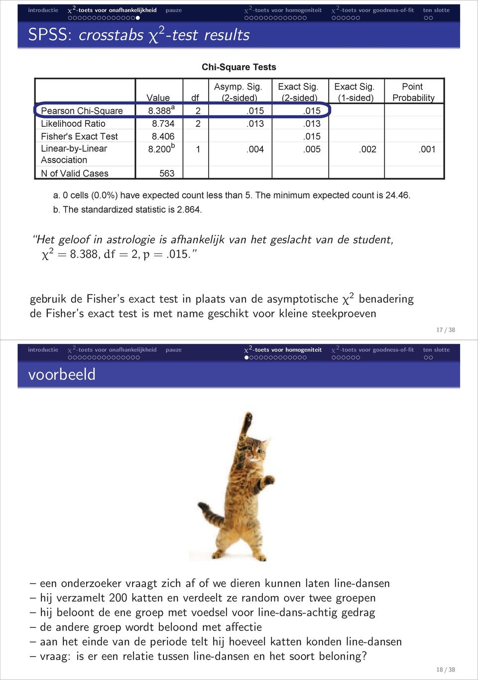 The miimum expected cout is 24.46. b. The stadardized statistic is 2.864. Het geloof i astrologie is afhakelijk va het geslacht va de studet, χ 2 = 8.388,df = 2,p =.015.