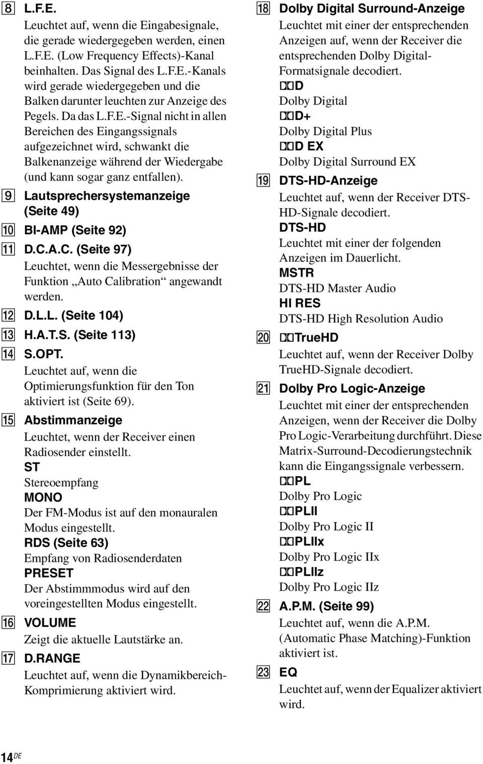 I Lautsprechersystemanzeige (Seite 49) J BI-AMP (Seite 92) K D.C.A.C. (Seite 97) Leuchtet, wenn die Messergebnisse der Funktion Auto Calibration angewandt werden. L D.L.L. (Seite 104) M H.A.T.S. (Seite 113) N S.