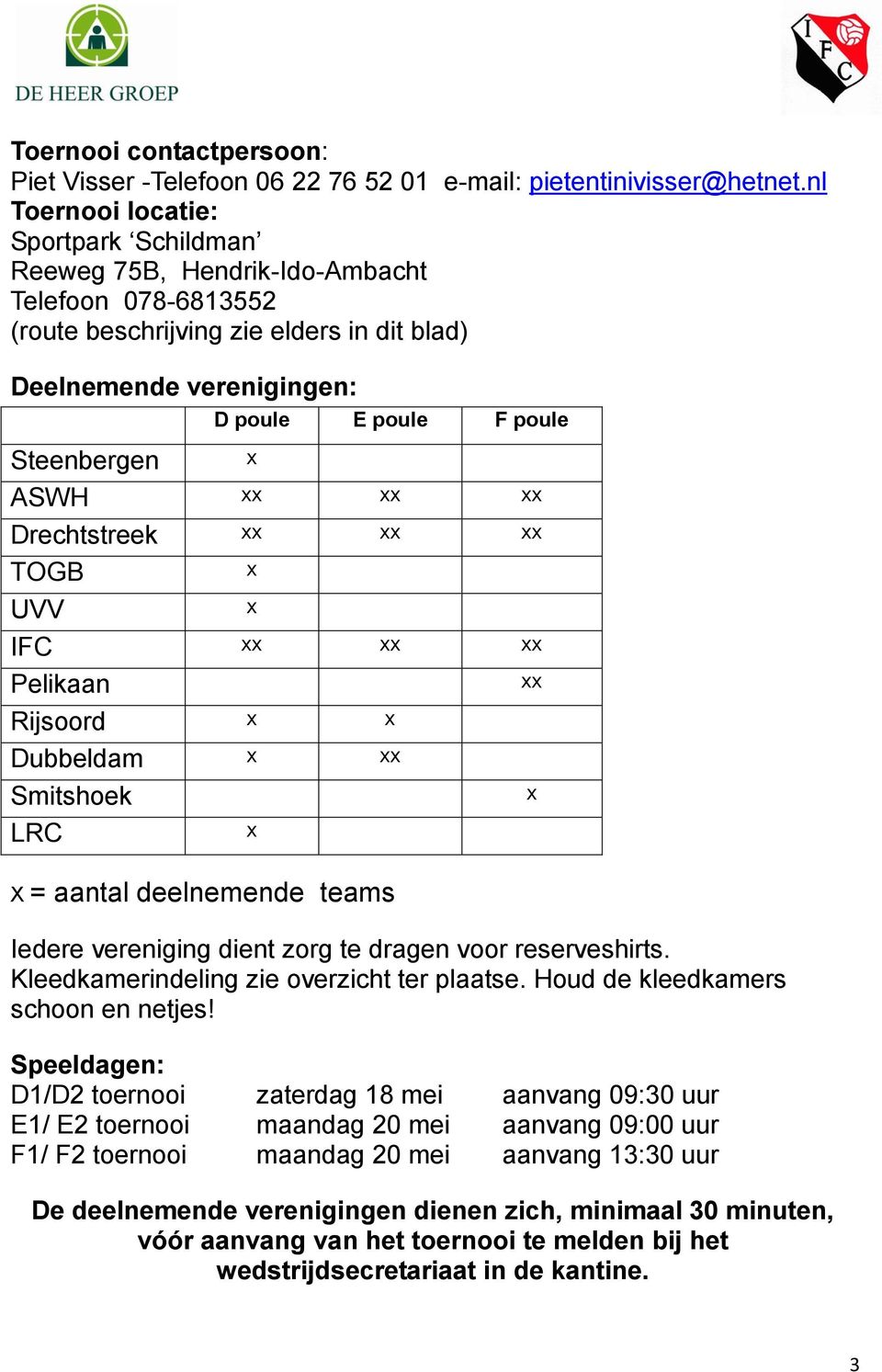 x ASWH xx xx xx Drechtstreek xx xx xx TOGB x UVV x IFC xx xx xx Pelikaan xx Rijsoord x x Dubbeldam x xx Smitshoek x LRC x X = aantal deelnemende teams Iedere vereniging dient zorg te dragen voor