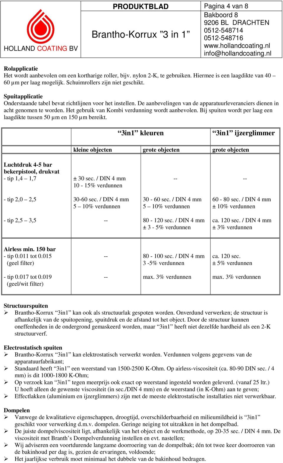 Het gebruik van Kombi verdunning wordt aanbevolen. Bij spuiten wordt per laag een laagdikte tussen 50 µm en 150 µm bereikt.