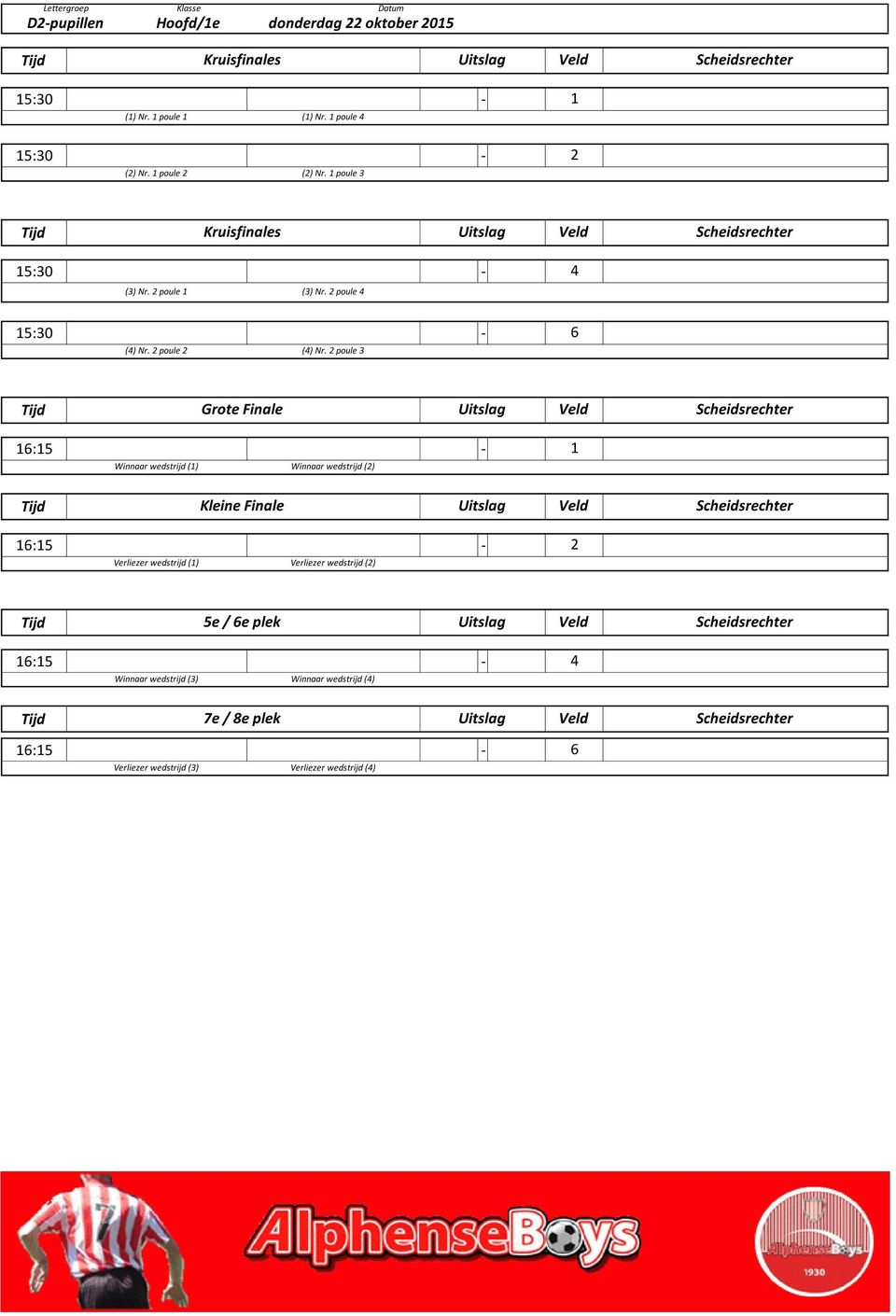 poule Kruisfinales Uitslag Veld Scheidsrechter 5: - () Nr. poule () Nr.