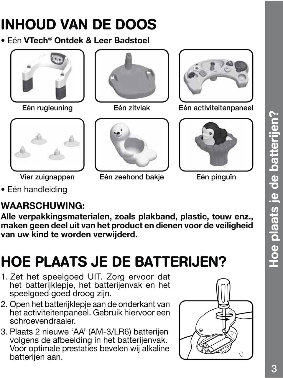 Zet het speelgoed UIT. Zorg ervoor dat het batterijklepje, het batterijenvak en het speelgoed goed droog zijn. 2. Open het batterijklepje aan de onderkant van het activiteitenpaneel.