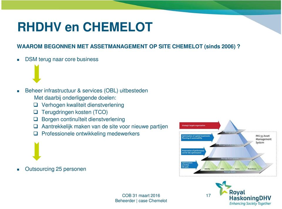 onderliggende doelen: Verhogen kwaliteit dienstverlening Terugdringen kosten (TCO) Borgen continuïteit