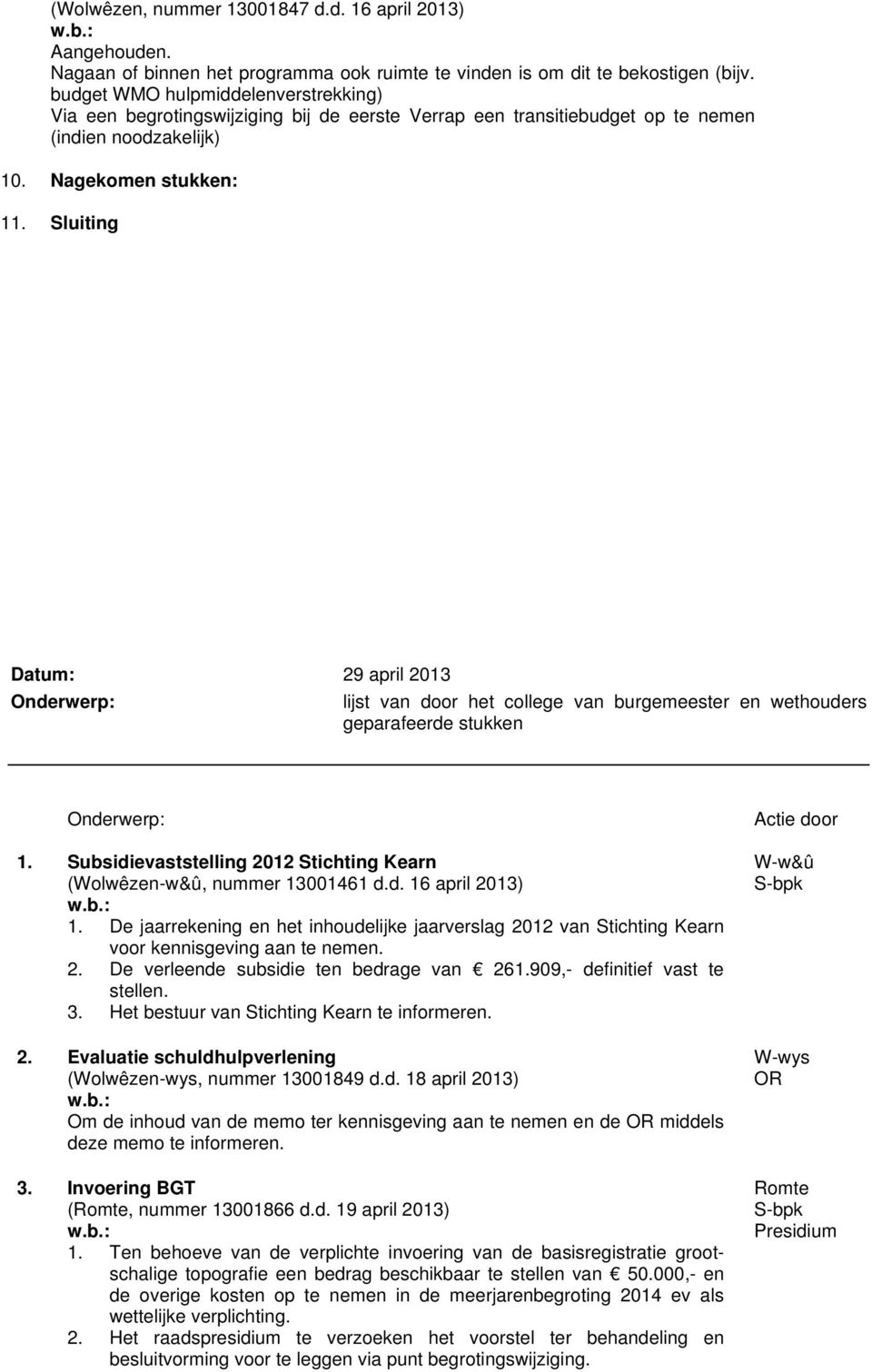 Sluiting Datum: 29 april 2013 lijst van door het college van burgemeester en wethouders geparafeerde stukken 1. Subsidievaststelling 2012 Stichting Kearn (Wolwêzen-w&û, nummer 13001461 d.d. 16 april 2013) 1.