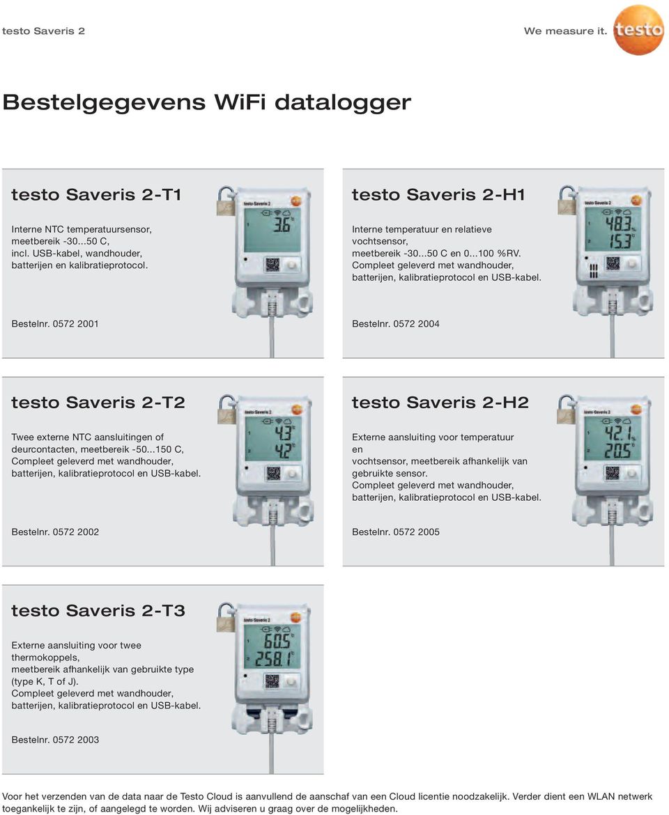 0572 2004 Saveris 2-T2 Saveris 2-H2 Twee externe NTC aansluitingen of deurcontacten, meetbereik -50...150 C, Compleet geleverd met wandhouder, batterijen, kalibratieprotocol en USB-kabel.