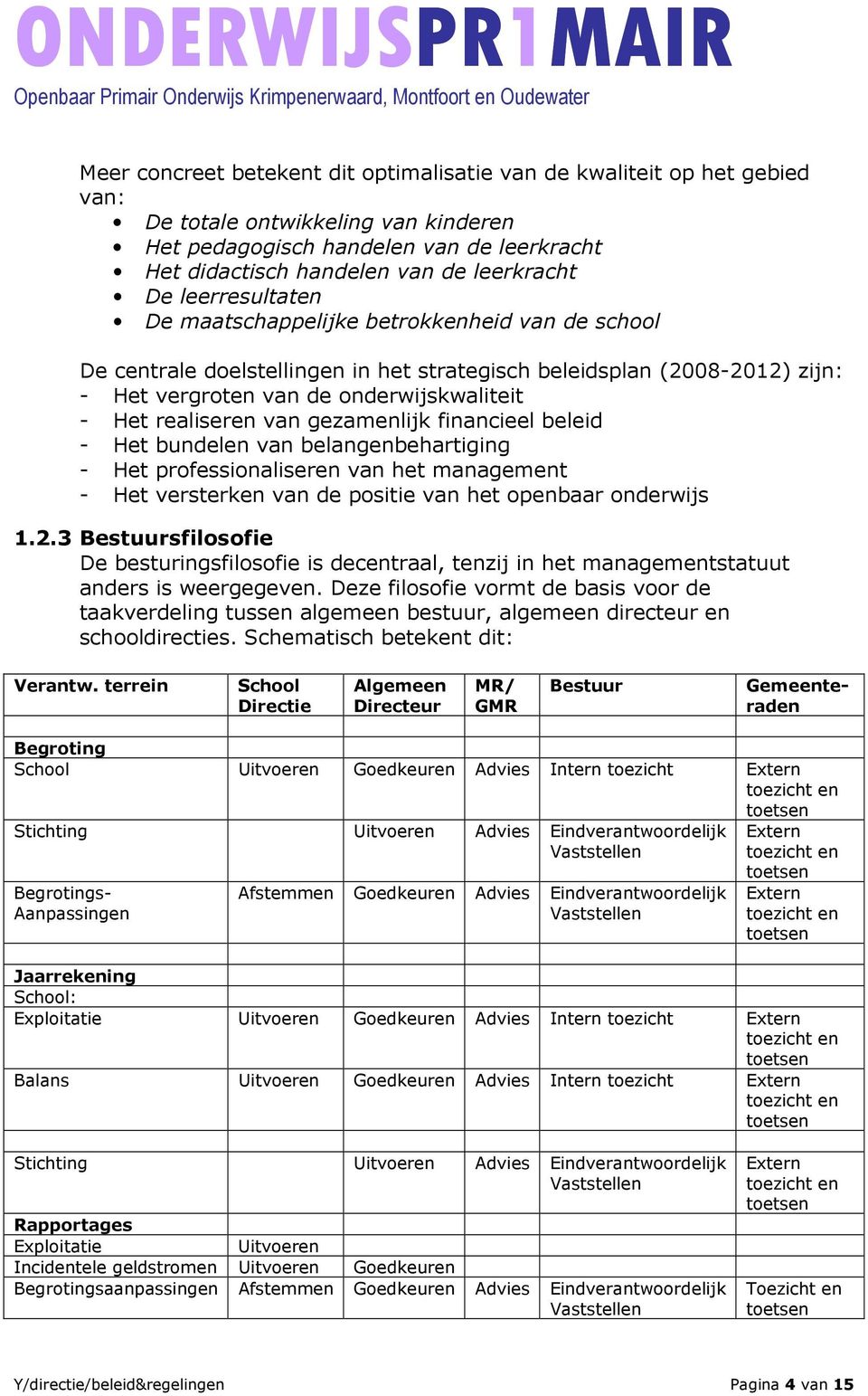 realiseren van gezamenlijk financieel beleid - Het bundelen van belangenbehartiging - Het professionaliseren van het management - Het versterken van de positie van het openbaar onderwijs 1.2.