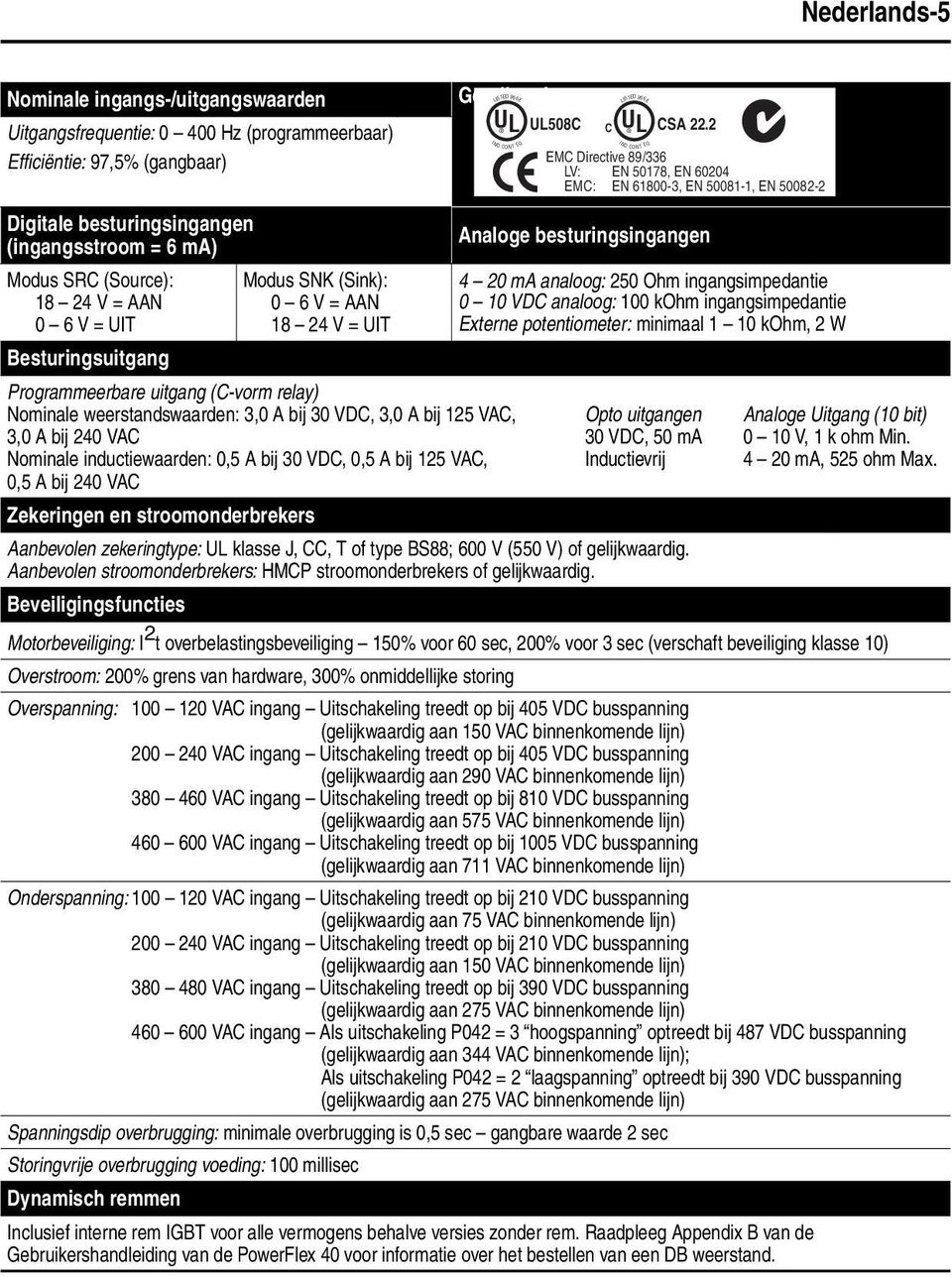 3,0 A bij 30 VDC, 3,0 A bij 125 VAC, 3,0 A bij 240 VAC Nominale inductiewaarden: 0,5 A bij 30 VDC, 0,5 A bij 125 VAC, 0,5 A bij 240 VAC Zekeringen en stroomonderbrekers Analoge besturingsingangen 4