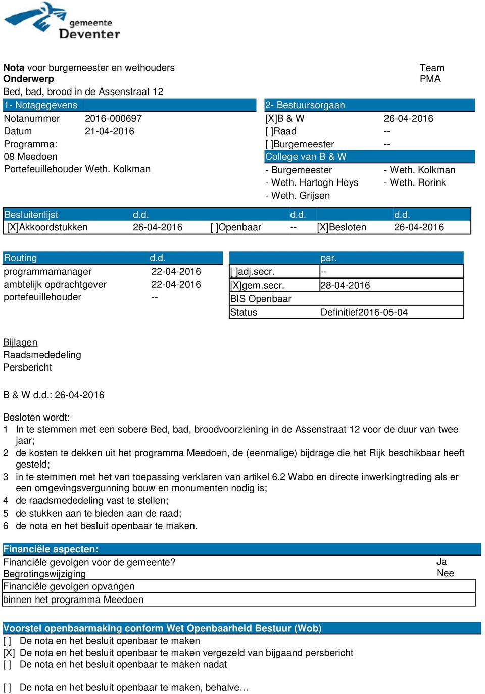 Grijsen Besluitenlijst d.d. d.d. d.d. [X]Akkoordstukken 26-04-2016 [ ]Openbaar -- [X]Besloten 26-04-2016 Routing d.d. programmamanager 22-04-2016 ambtelijk opdrachtgever 22-04-2016 portefeuillehouder -- par.