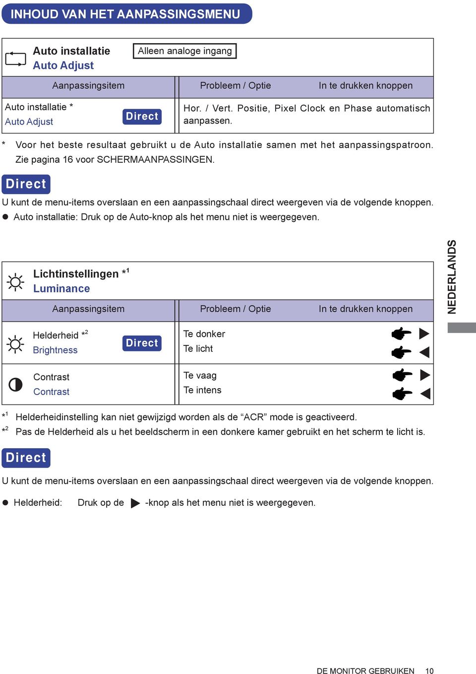 Direct U kunt de menu-items overslaan en een aanpassingschaal direct weergeven via de volgende knoppen. Auto installatie: Druk op de Auto-knop als het menu niet is weergegeven.