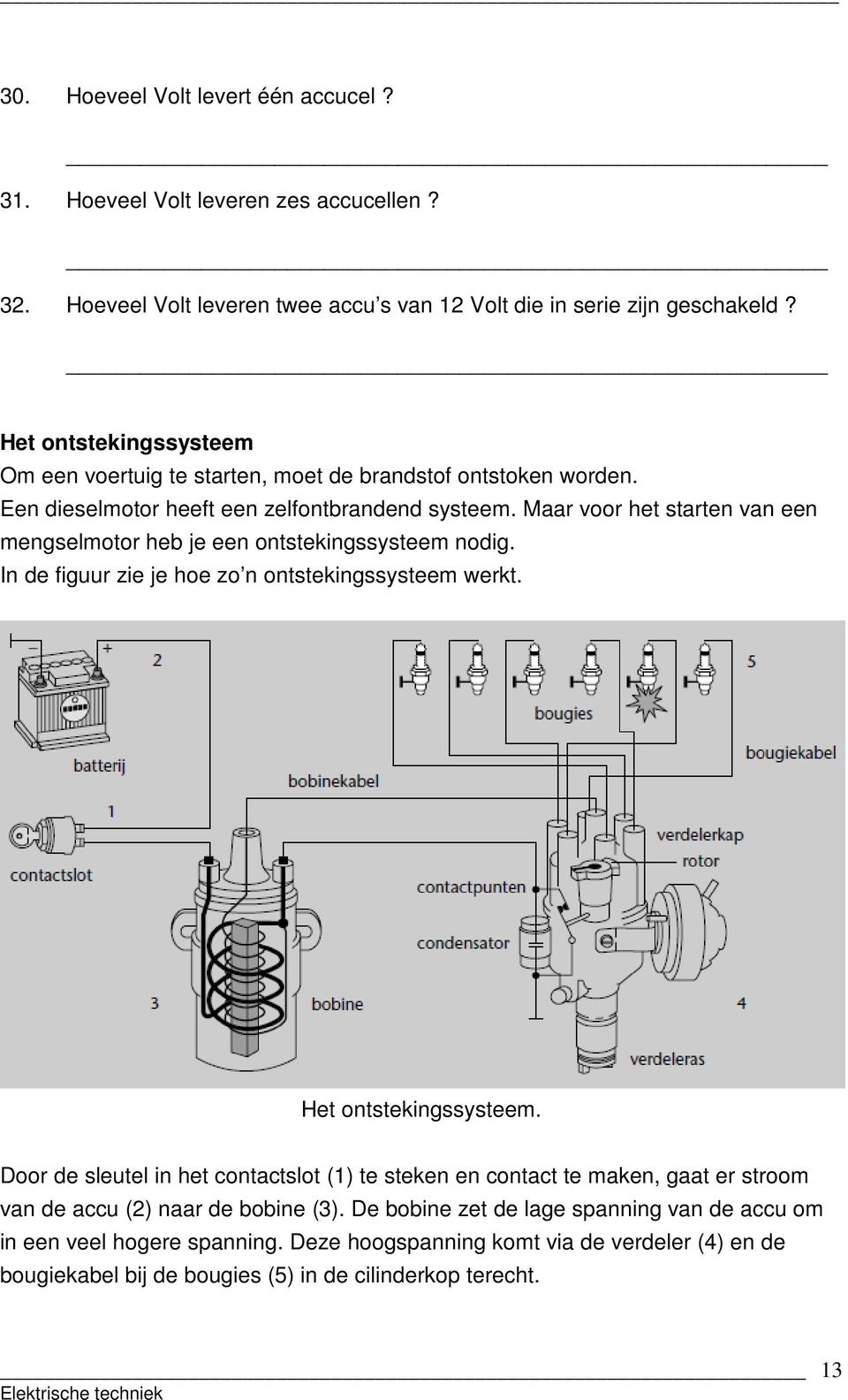 Maar voor het starten van een mengselmotor heb je een ontstekingssysteem nodig. In de figuur zie je hoe zo n ontstekingssysteem werkt. Het ontstekingssysteem.