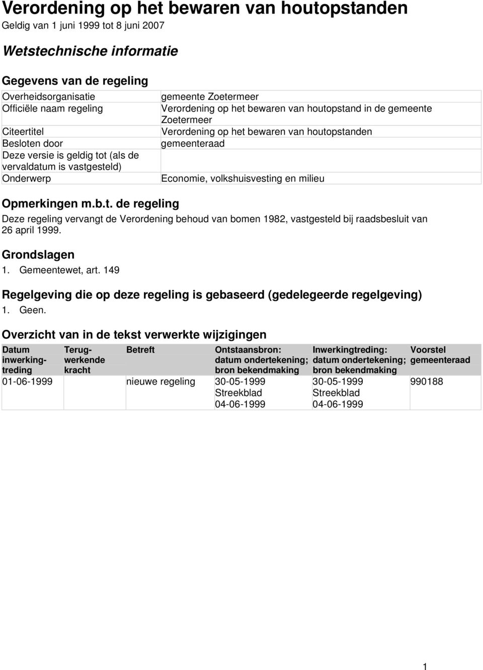 bewaren van houtopstanden gemeenteraad Economie, volkshuisvesting en milieu Opmerkingen m.b.t. de regeling Deze regeling vervangt de Verordening behoud van bomen 1982, vastgesteld bij raadsbesluit van 26 april 1999.