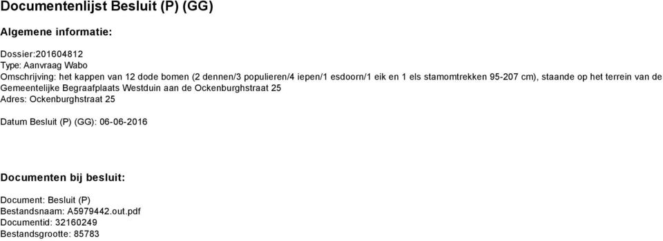 Gemeentelijke Begraafplaats Westduin aan de Ockenburghstraat 25 Adres: Ockenburghstraat 25 Datum Besluit (P) (GG):