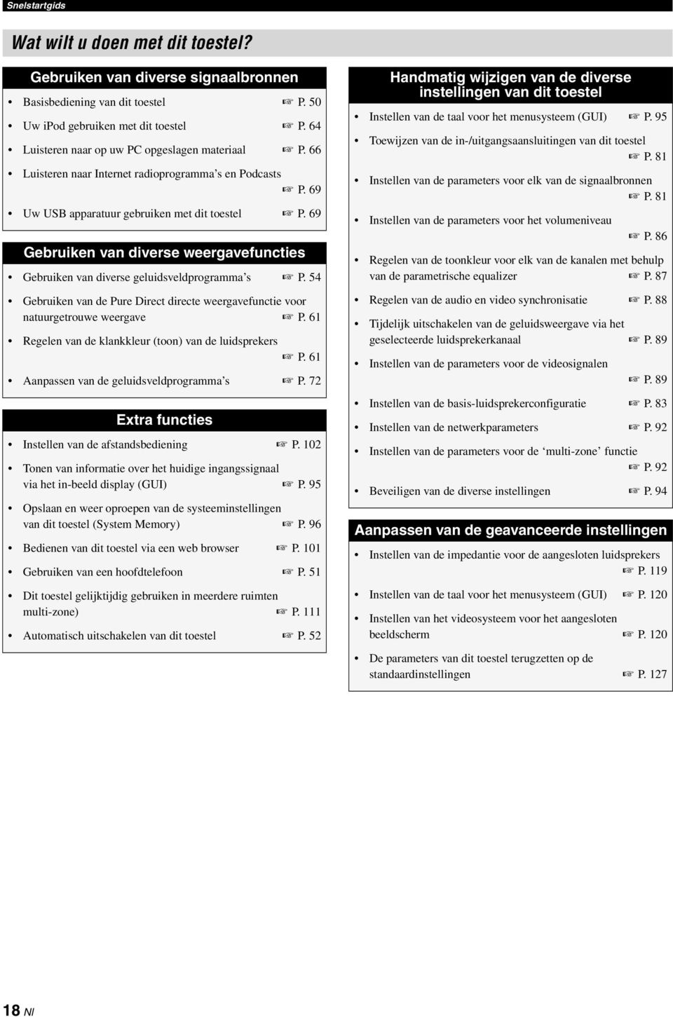 69 Gebruiken van diverse weergavefuncties Gebruiken van diverse geluidsveldprogramma s P. 54 Gebruiken van de Pure Direct directe weergavefunctie voor natuurgetrouwe weergave P.