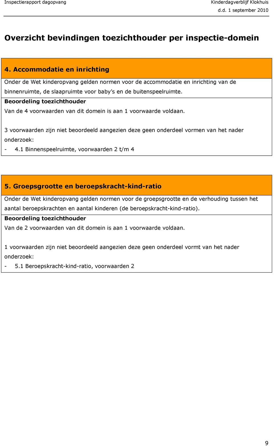 Beoordeling toezichthouder Van de 4 voorwaarden van dit domein is aan 1 voorwaarde voldaan. 3 voorwaarden zijn niet beoordeeld aangezien deze geen onderdeel vormen van het nader onderzoek: - 4.