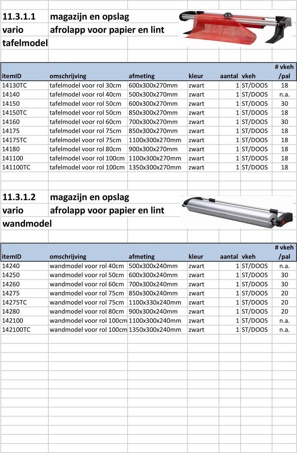 14175 tafelmodel voor rol 75cm 850x300x270mm zwart 1 ST/DOOS 18 14175TC tafelmodel voor rol 75cm 1100x300x270mm zwart 1 ST/DOOS 18 14180 tafelmodel voor rol 80cm 900x300x270mm zwart 1 ST/DOOS 18