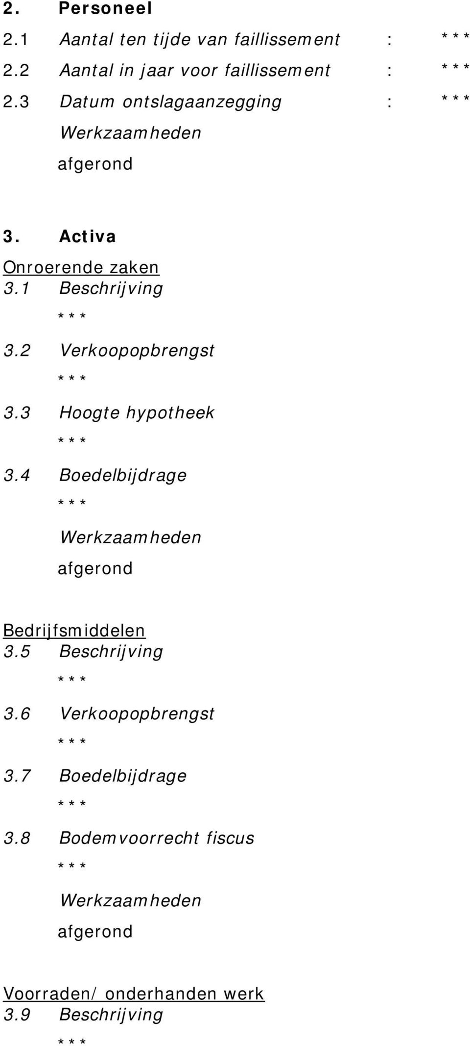 Activa Onroerende zaken 3.1 Beschrijving 3.2 Verkoopopbrengst 3.3 Hoogte hypotheek 3.