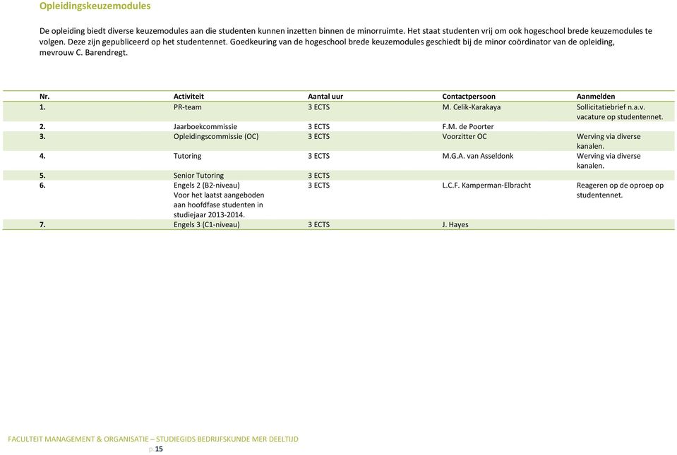 Activiteit Aantal uur Contactpersoon Aanmelden 1. PR team 3 ECTS M. Celik Karakaya Sollicitatiebrief n.a.v. vacature op studentennet. 2. Jaarboekcommissie 3 ECTS F.M. de Poorter 3.