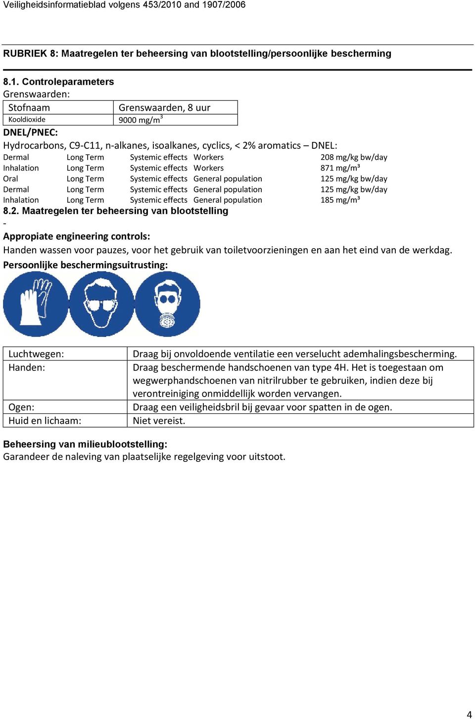 effects Workers 208 mg/kg bw/day Inhalation Long Term Systemic effects Workers 871 mg/m³ Oral Long Term Systemic effects General population 125 mg/kg bw/day Dermal Long Term Systemic effects General