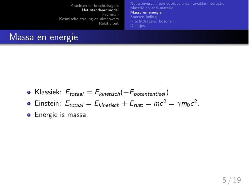 Materie en anti-materie Massa en energie Soorten lading Krachtdragers: bosonen