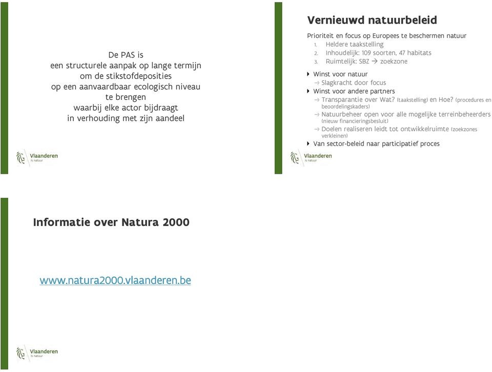 Ruimtelijk: SBZ zoekzone Winst voor natuur Slagkracht door focus Winst voor andere partners Transparantie over Wat? (taakstelling) en Hoe?