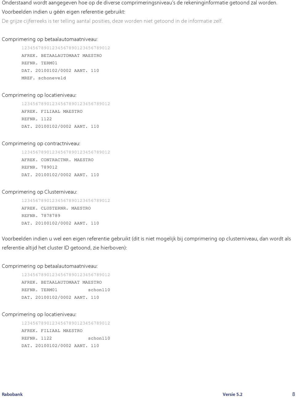 Comprimering op betaalautomaatniveau: 12345678901234567890123456789012 AFREK. BETAALAUTOMAAT MAESTRO REFNR. TERM01 DAT. 20100102/0002 AANT. 110 MREF.