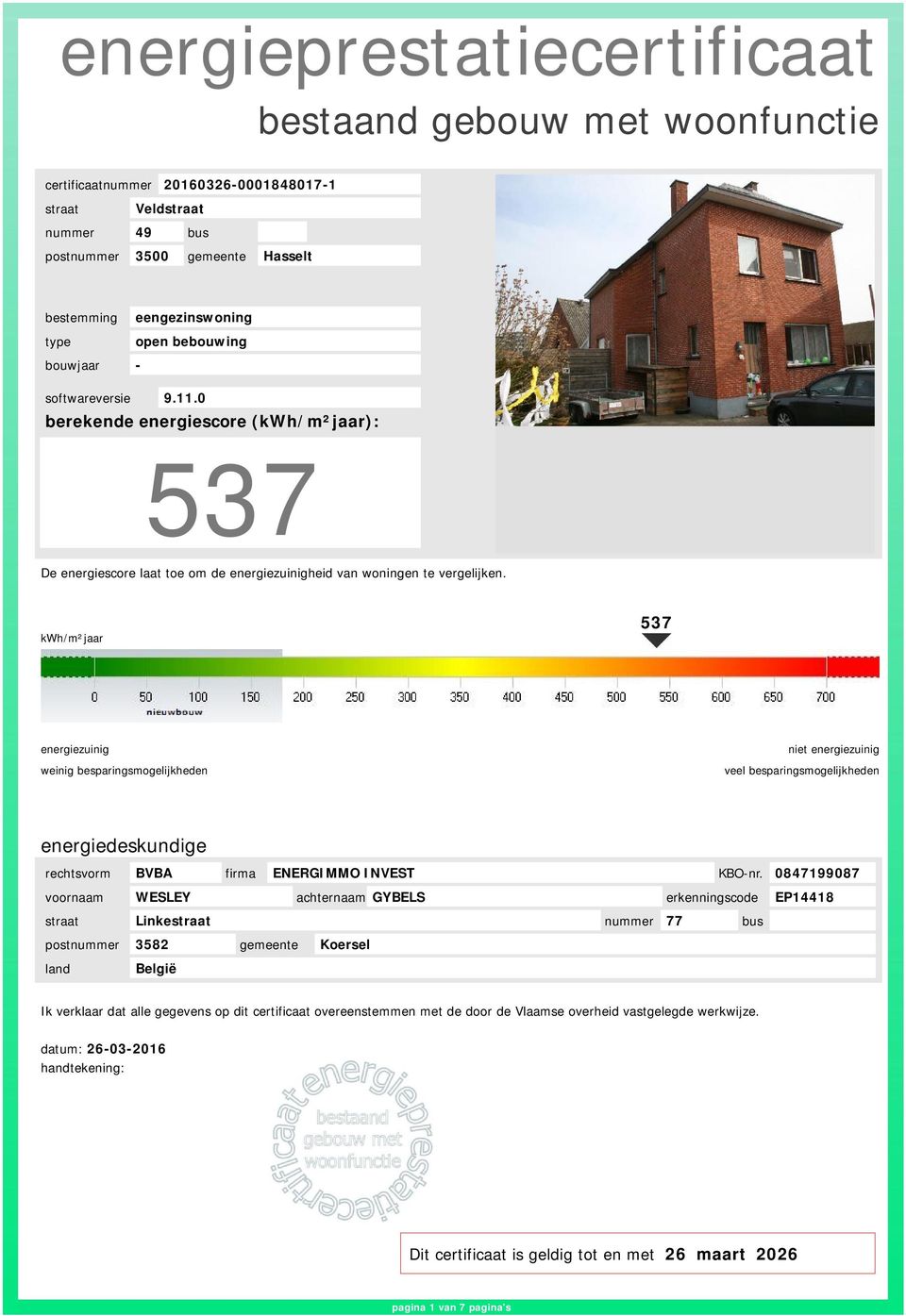 kwh/m²jaar 537 energiezuinig weinig besparingsmogelijkheden niet energiezuinig veel besparingsmogelijkheden energiedeskundige rechtsvorm BVBA firma ENERGIMMO INVEST KBO-nr.