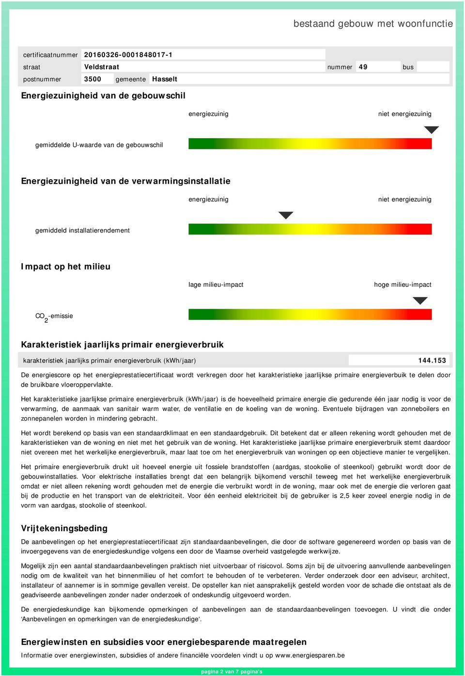 (kwh/jaar) 144.153 De energiescore op het energieprestatiecertificaat wordt verkregen door het karakteristieke jaarlijkse primaire energieverbuik te delen door de bruikbare vloeroppervlakte.