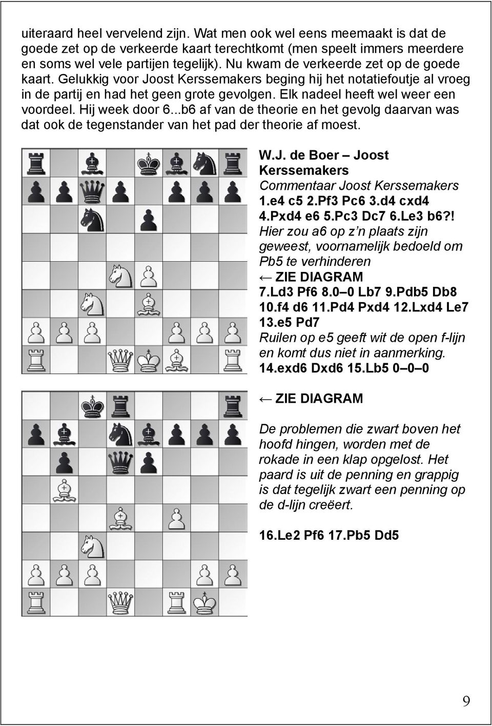 Hij week door 6...b6 af van de theorie en het gevolg daarvan was dat ook de tegenstander van het pad der theorie af moest. W.J. de Boer Joost Kerssemakers Commentaar Joost Kerssemakers 1.e4 c5 2.